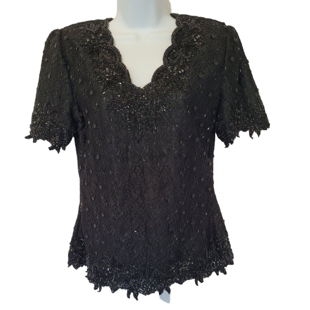 Elegant Classic Creations Black Beaded‎ Lace Top With Scalloped Neckline & Hem